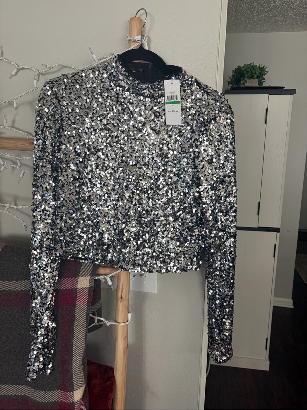 DKNY Silver Sequin Long-Sleeve Crop Top